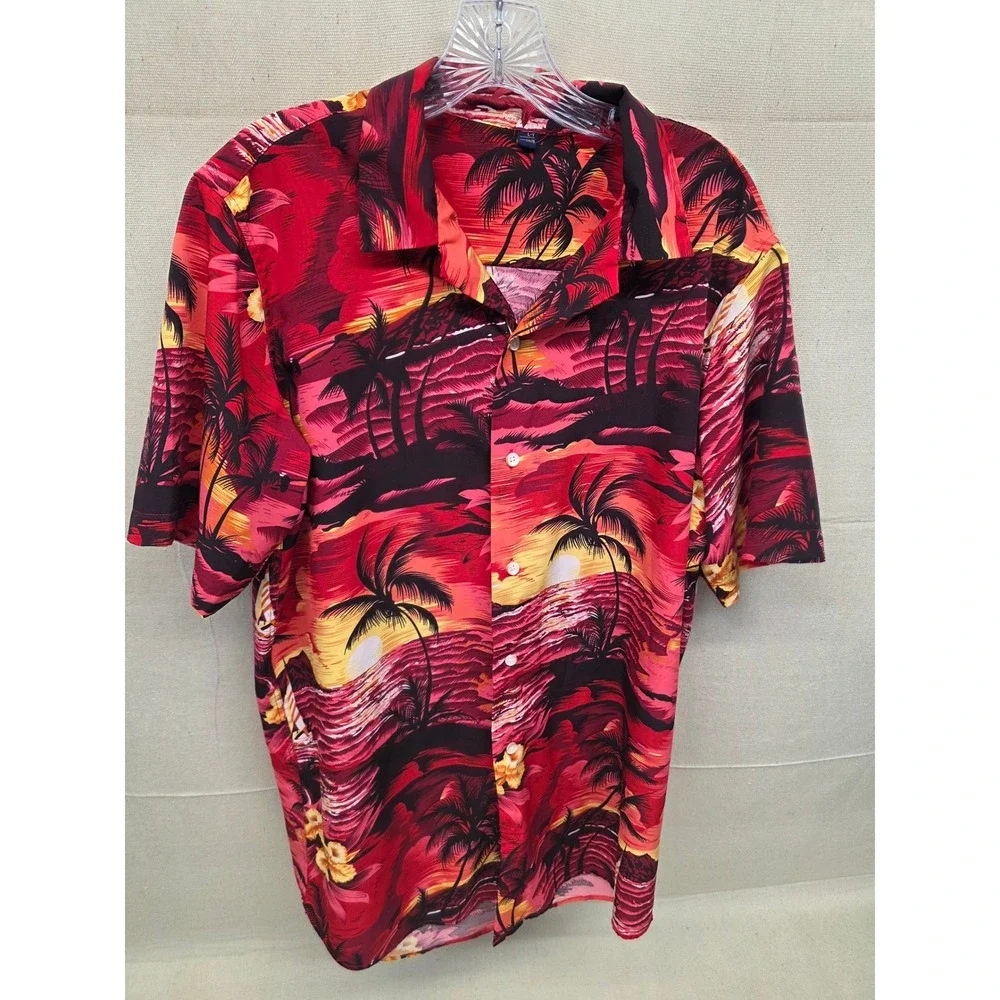 Tropical Sunset Palm Tree‎ Hibiscus Button Down Shirt Red Mens Large Tall L-T